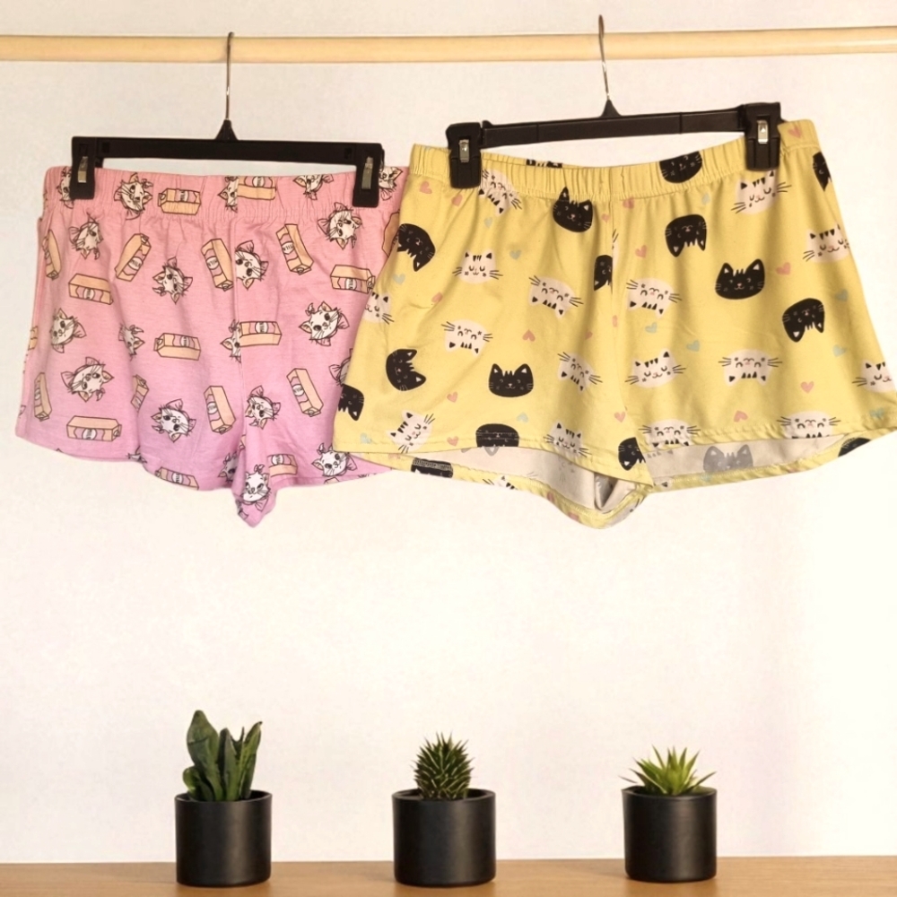 Cute Cat Print Women's PJ Shorts Set Of 2- Pink and Yellow Sz L